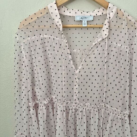 LIBBY EDELMAN | Sheer Ruffle Sleeve Blouse Polka Dot Blush Pink Black | Size XL - Picture 3 of 6